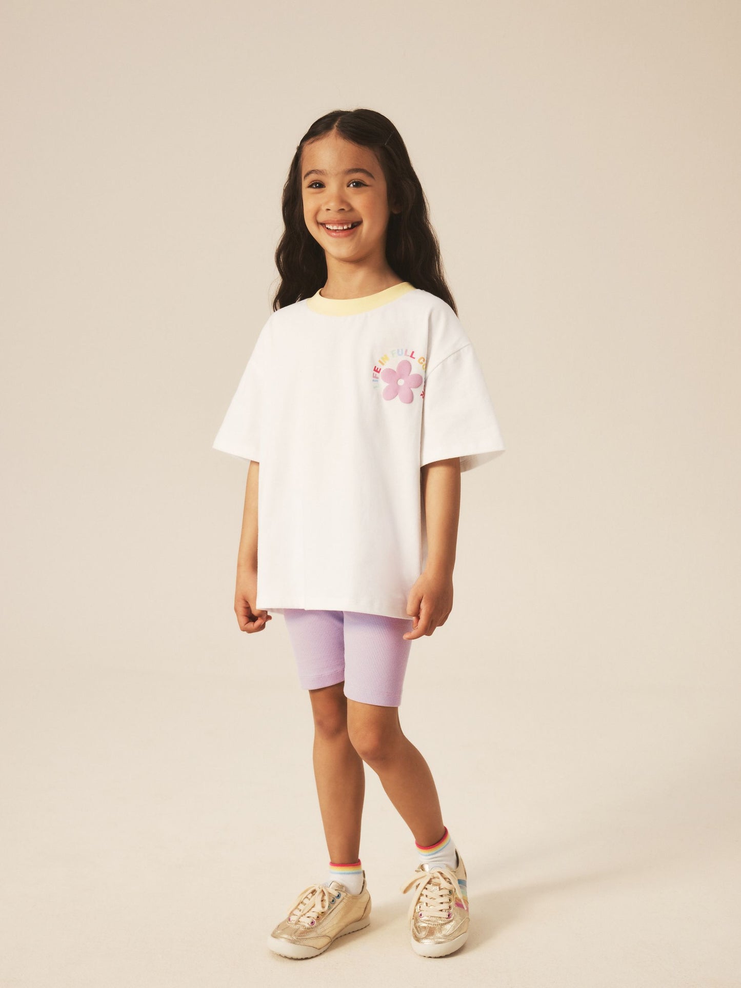 Little Bird by Jools Oliver Rainbow Print T-Shirt & Ribbed Cycling Shorts Set image 3