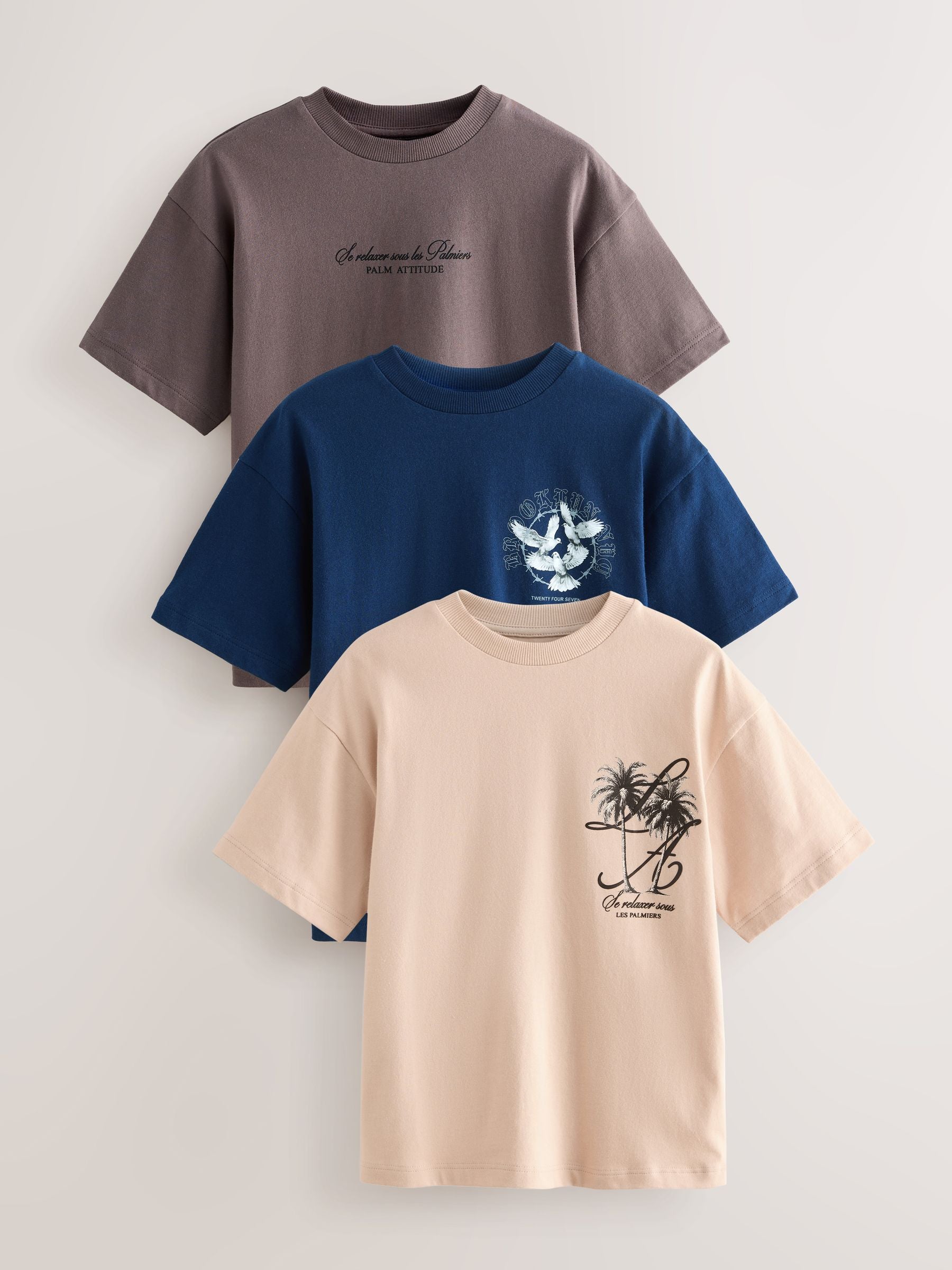 Dsiney Kidz - Navy/Stone/Brown Relaxed Fit Graphic Print Short Sleeve T-Shirts 3 Pack (3-16yrs) image 1