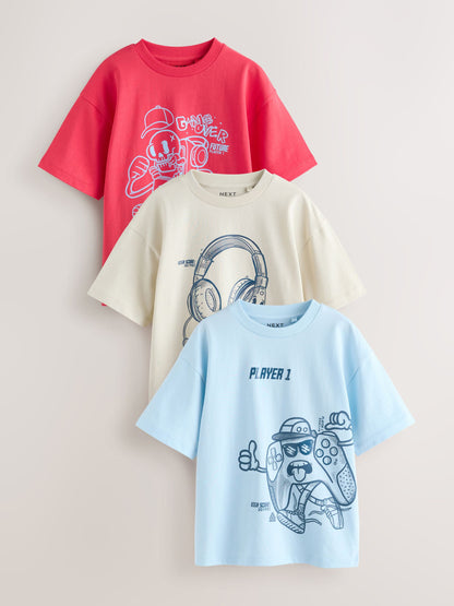 Dsiney Kidz - Red/Blue/Cement Relaxed Fit Graphic Print Short Sleeve T-Shirts 3 Pack (3-16yrs) image 1
