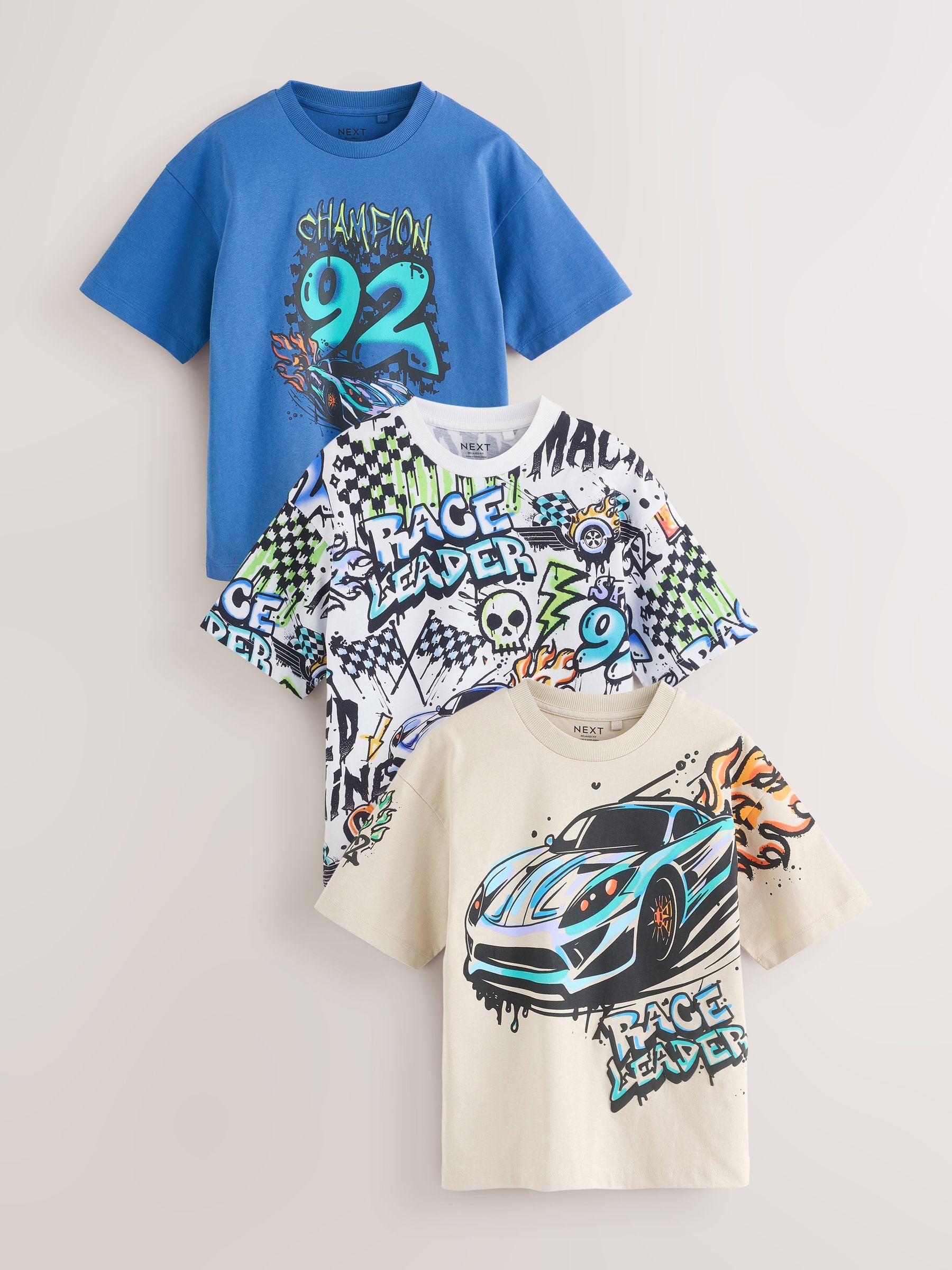 Dsiney Kidz - Blue/Ecru/White Relaxed Fit Graphic Print Short Sleeve T-Shirts 3 Pack (3-16yrs) image 1