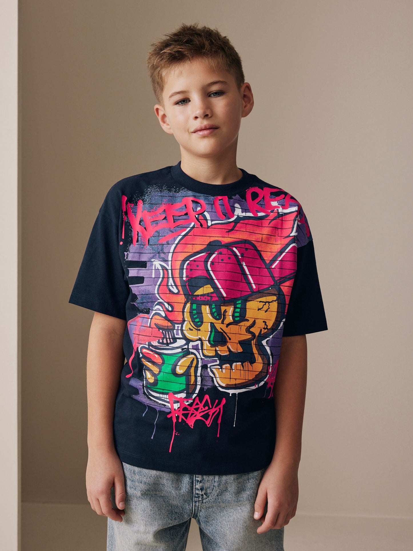 Dsiney Kidz - Navy Graffiti Skull Short Sleeve Graphic T-Shirt (3-16yrs) image 1