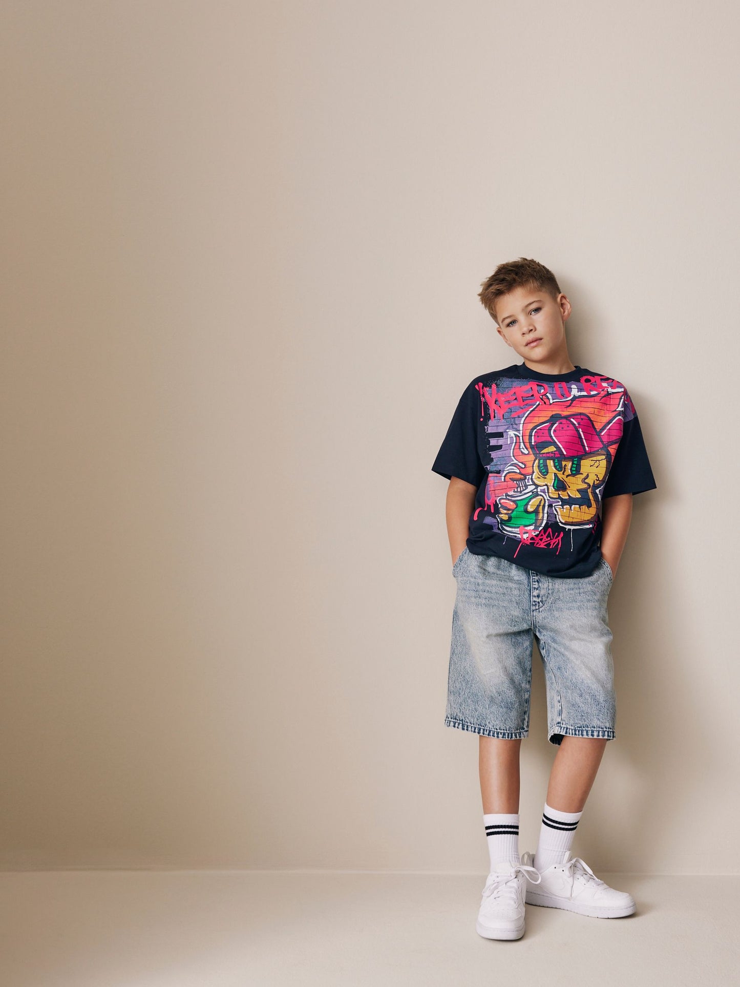 Dsiney Kidz - Navy Graffiti Skull Short Sleeve Graphic T-Shirt (3-16yrs) image 2