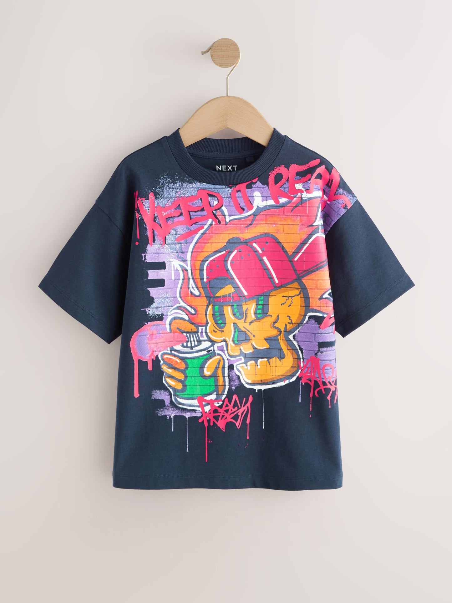 Dsiney Kidz - Navy Graffiti Skull Short Sleeve Graphic T-Shirt (3-16yrs) image 4