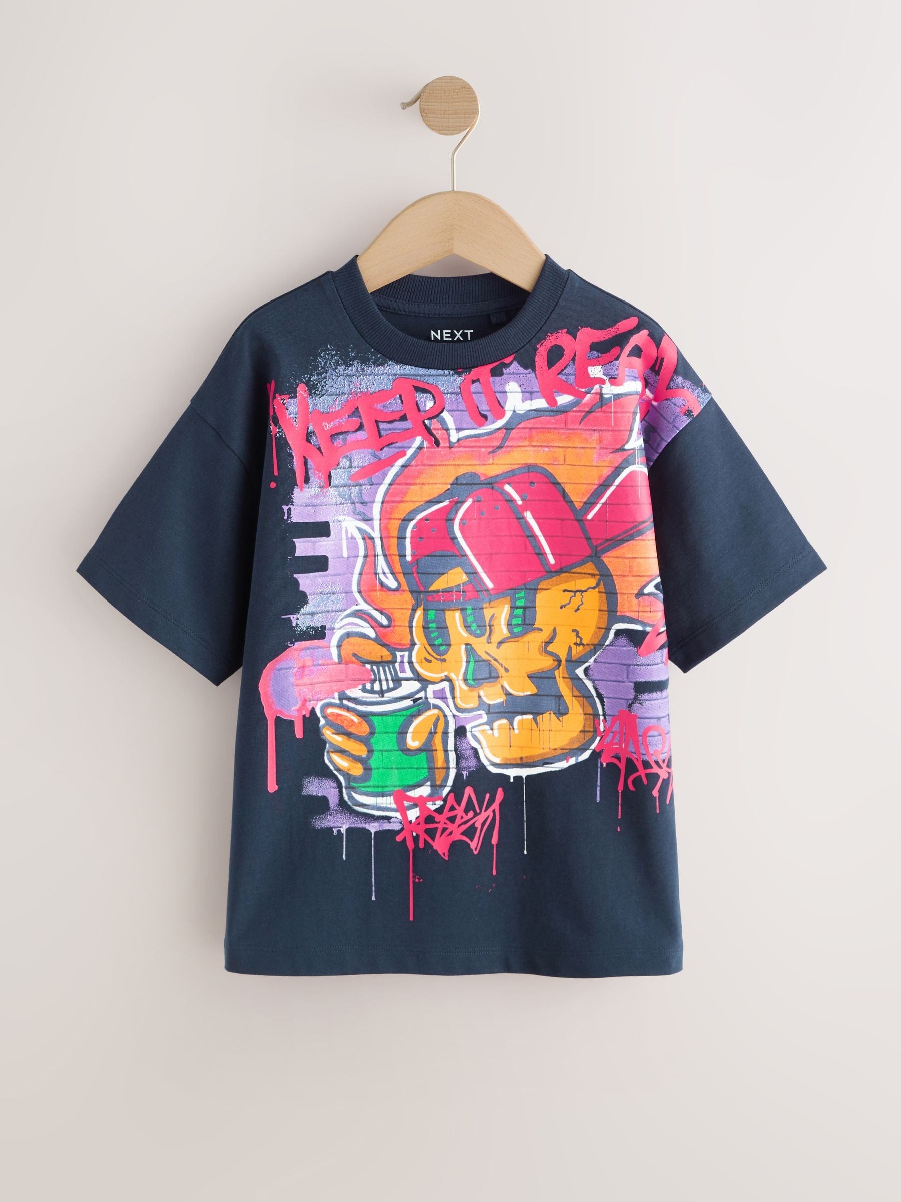 Dsiney Kidz - Navy Graffiti Skull Short Sleeve Graphic T-Shirt (3-16yrs) image 4