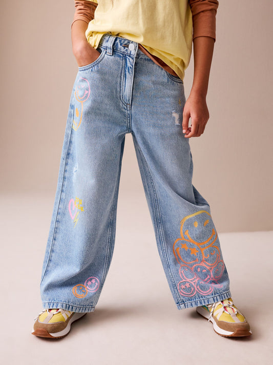 Dsiney Kidz - Mid Blue SmileyWorld® Print Wide Leg Jeans (3-16yrs) image 1