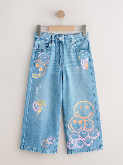 Dsiney Kidz - Mid Blue SmileyWorld® Print Wide Leg Jeans (3-16yrs) image 5