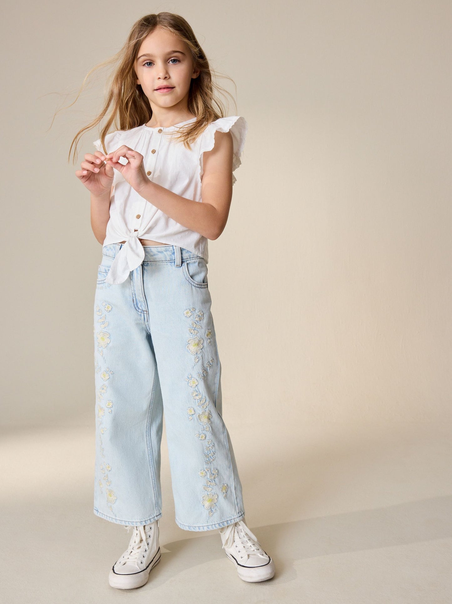 Dsiney Kidz - Light Blue Floral Embroidered Wide Leg Jeans (3-16yrs) image 1