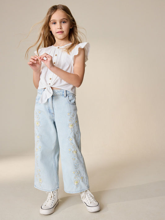 Dsiney Kidz - Light Blue Floral Embroidered Wide Leg Jeans (3-16yrs) image 1