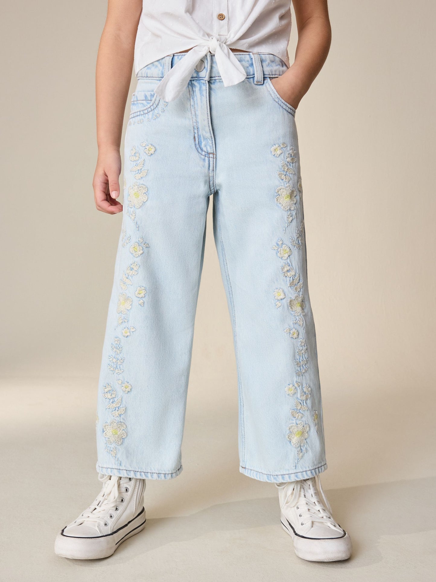 Dsiney Kidz - Light Blue Floral Embroidered Wide Leg Jeans (3-16yrs) image 2
