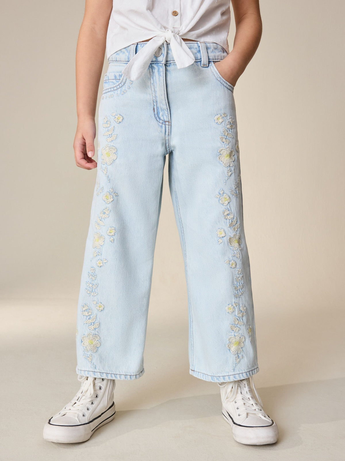 Dsiney Kidz - Light Blue Floral Embroidered Wide Leg Jeans (3-16yrs) image 2
