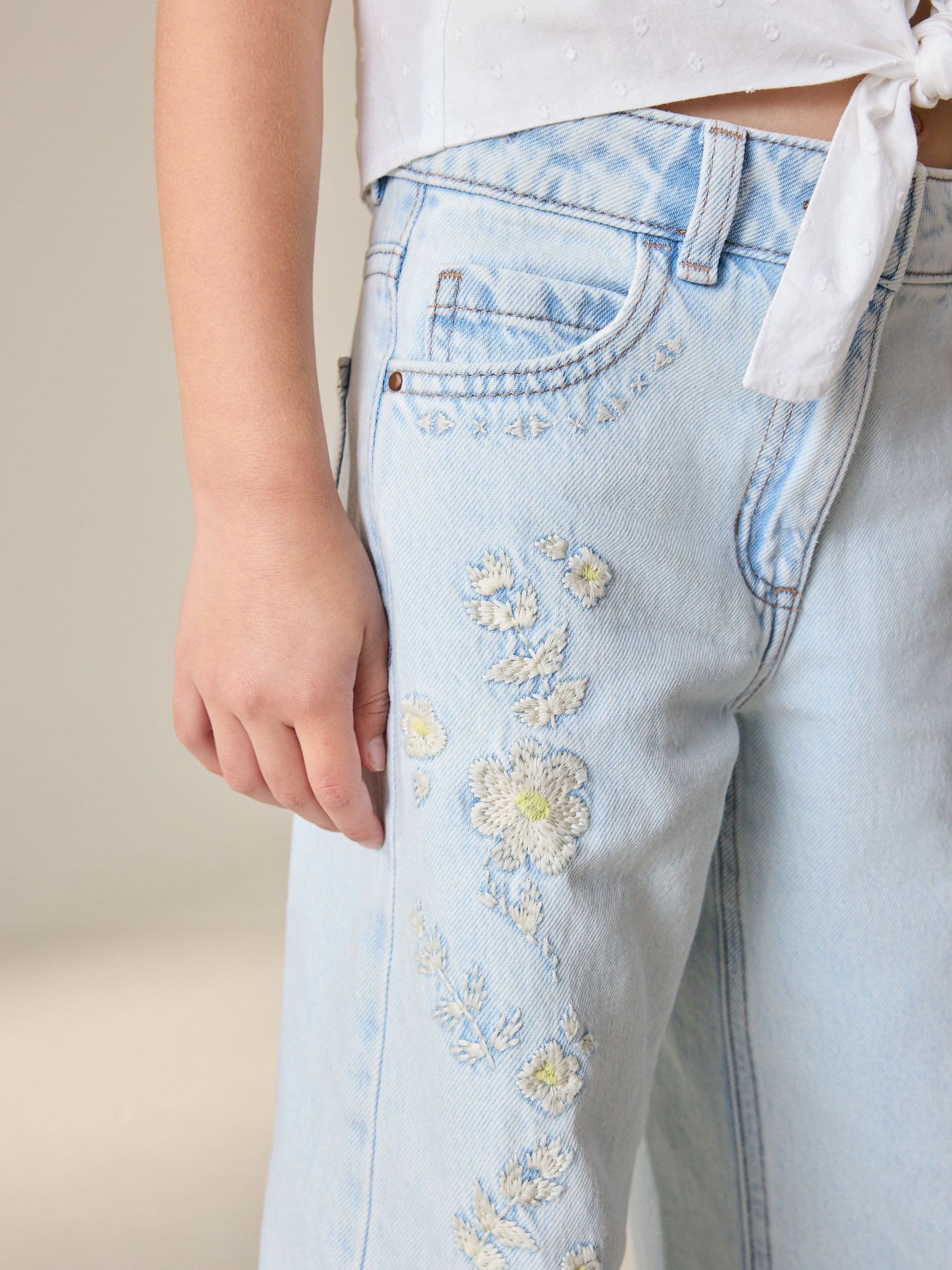 Dsiney Kidz - Light Blue Floral Embroidered Wide Leg Jeans (3-16yrs) image 4