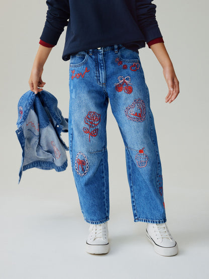 Dsiney Kidz - Mid Blue Embroidered Barrel Jeans (3-16yrs) image 1