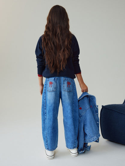 Dsiney Kidz - Mid Blue Embroidered Barrel Jeans (3-16yrs) image 3
