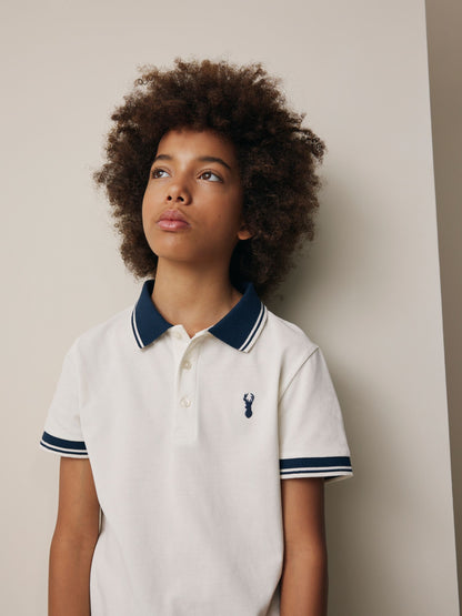 Dsiney Kidz - Ecru White Stripe Tipped Collar Short Sleeve Polo Shirt (3-16yrs) image 1