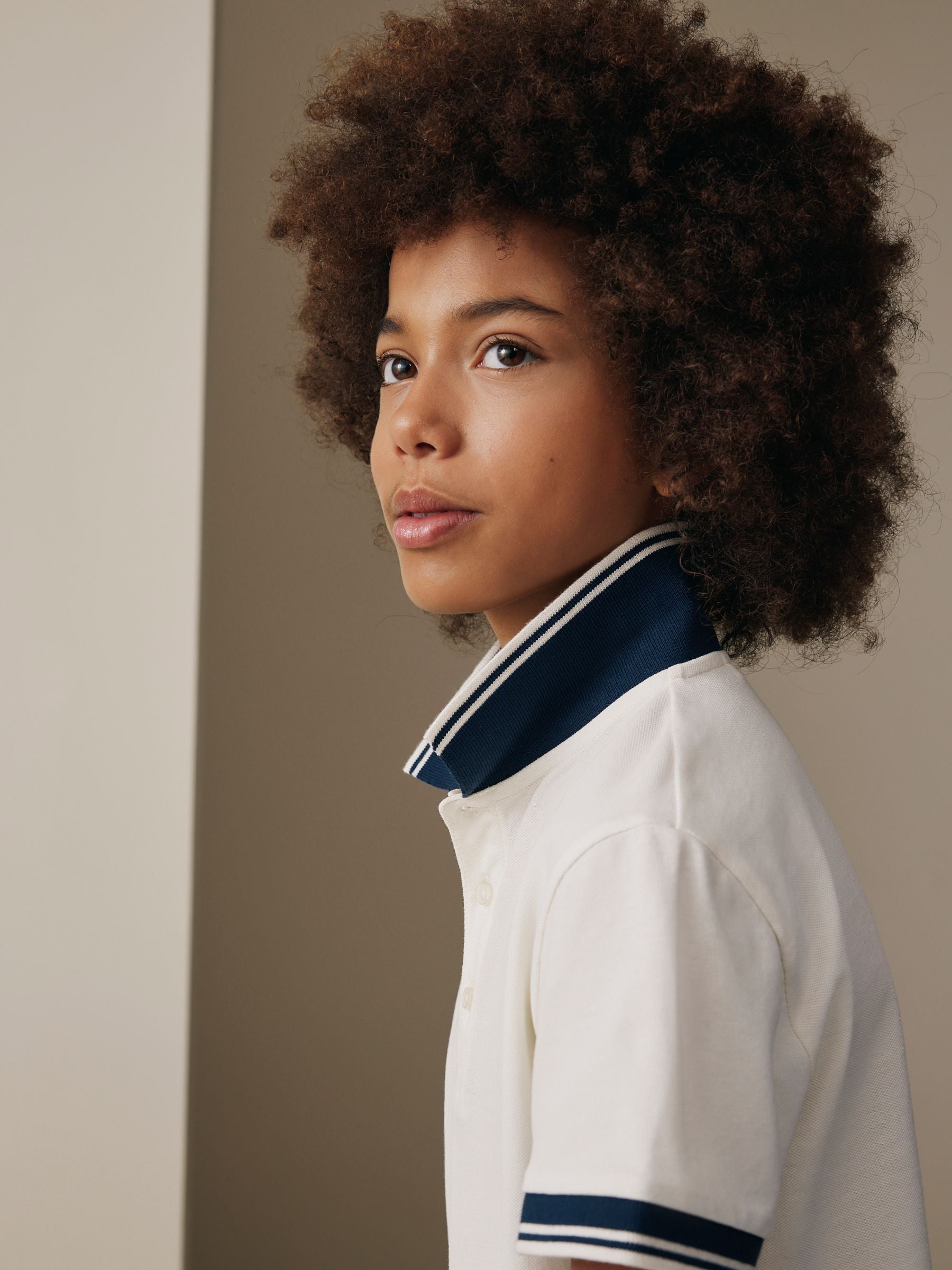 Dsiney Kidz - Ecru White Stripe Tipped Collar Short Sleeve Polo Shirt (3-16yrs) image 3