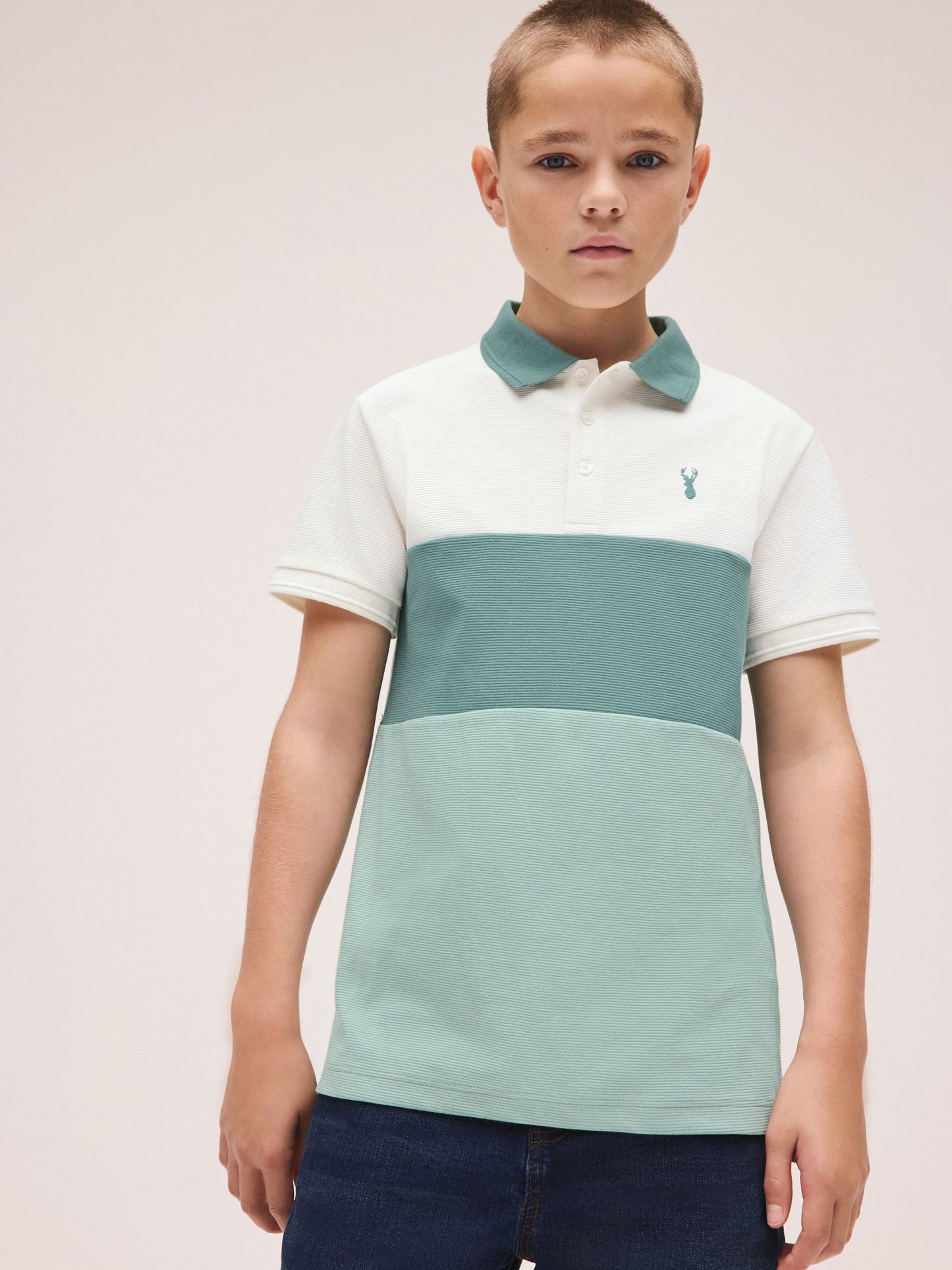Dsiney Kidz - Teal Blue/Ecru Textured Colourblock Polo Shirt (3-16yrs) image 1