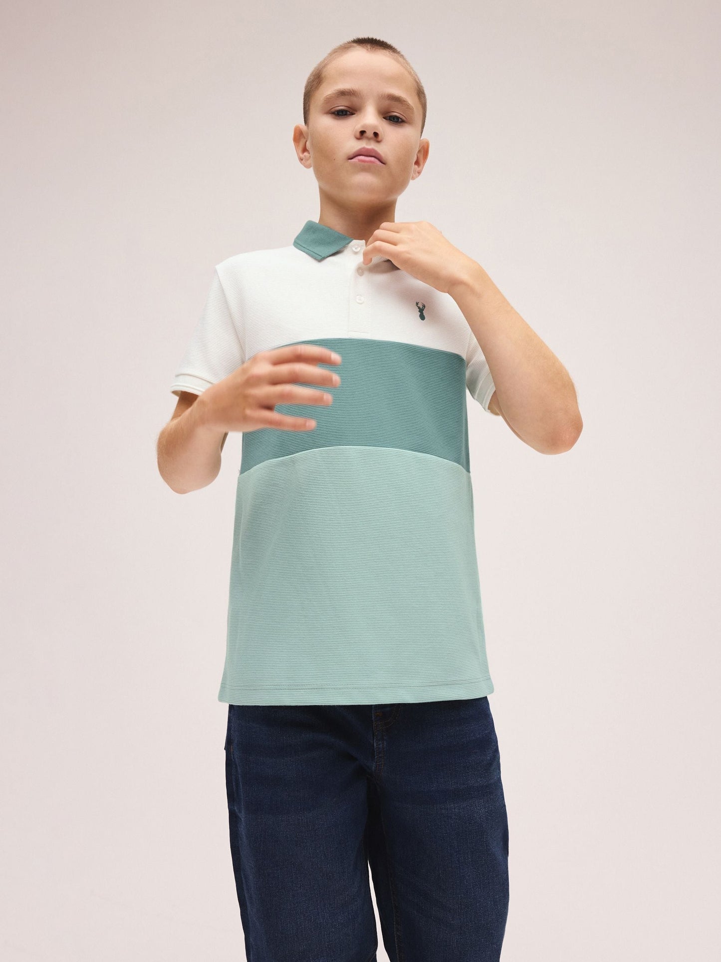 Dsiney Kidz - Teal Blue/Ecru Textured Colourblock Polo Shirt (3-16yrs) image 2
