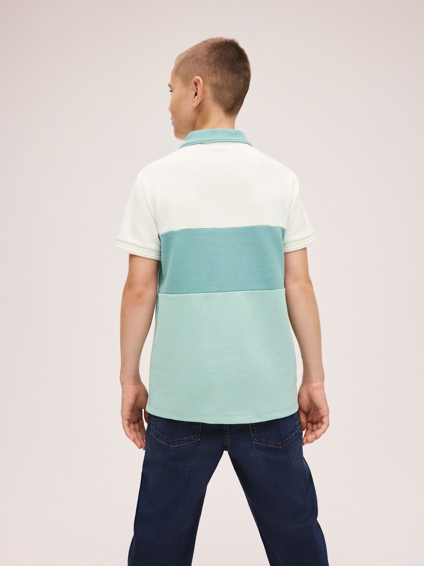 Dsiney Kidz - Teal Blue/Ecru Textured Colourblock Polo Shirt (3-16yrs) image 3