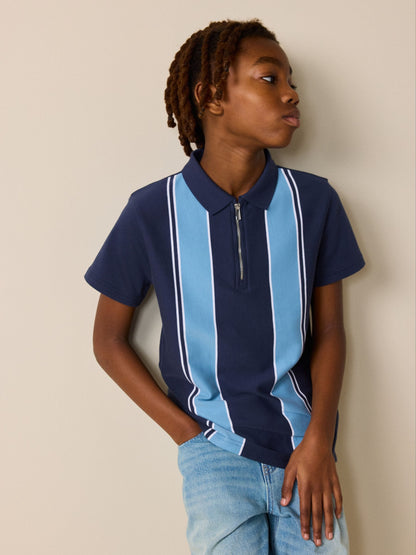 Dsiney Kidz - Navy Blue Vertical Stripe Zip Neck Polo Shirt (3-16yrs) image 1