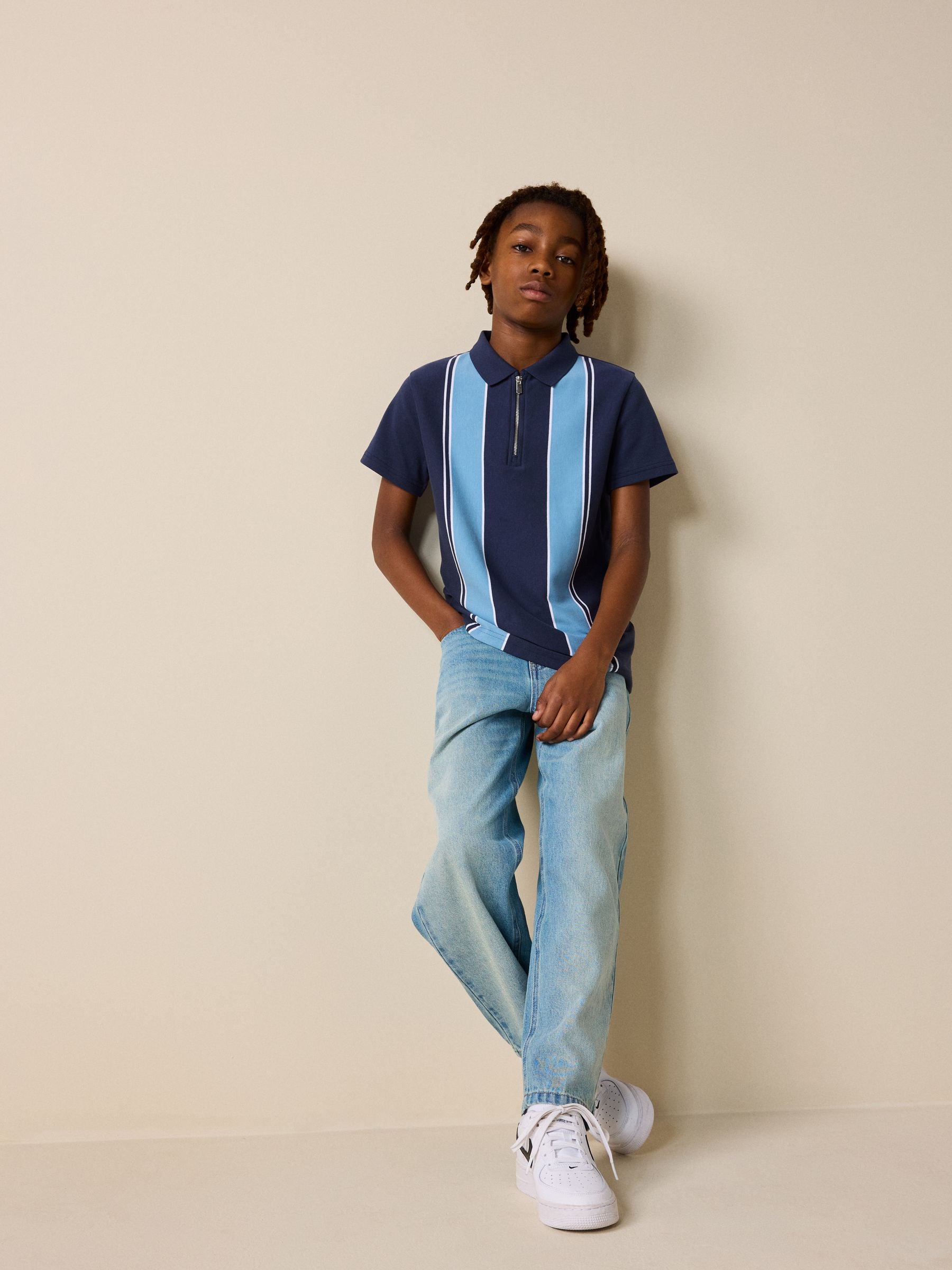 Dsiney Kidz - Navy Blue Vertical Stripe Zip Neck Polo Shirt (3-16yrs) image 2