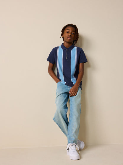 Dsiney Kidz - Navy Blue Vertical Stripe Zip Neck Polo Shirt (3-16yrs) image 2