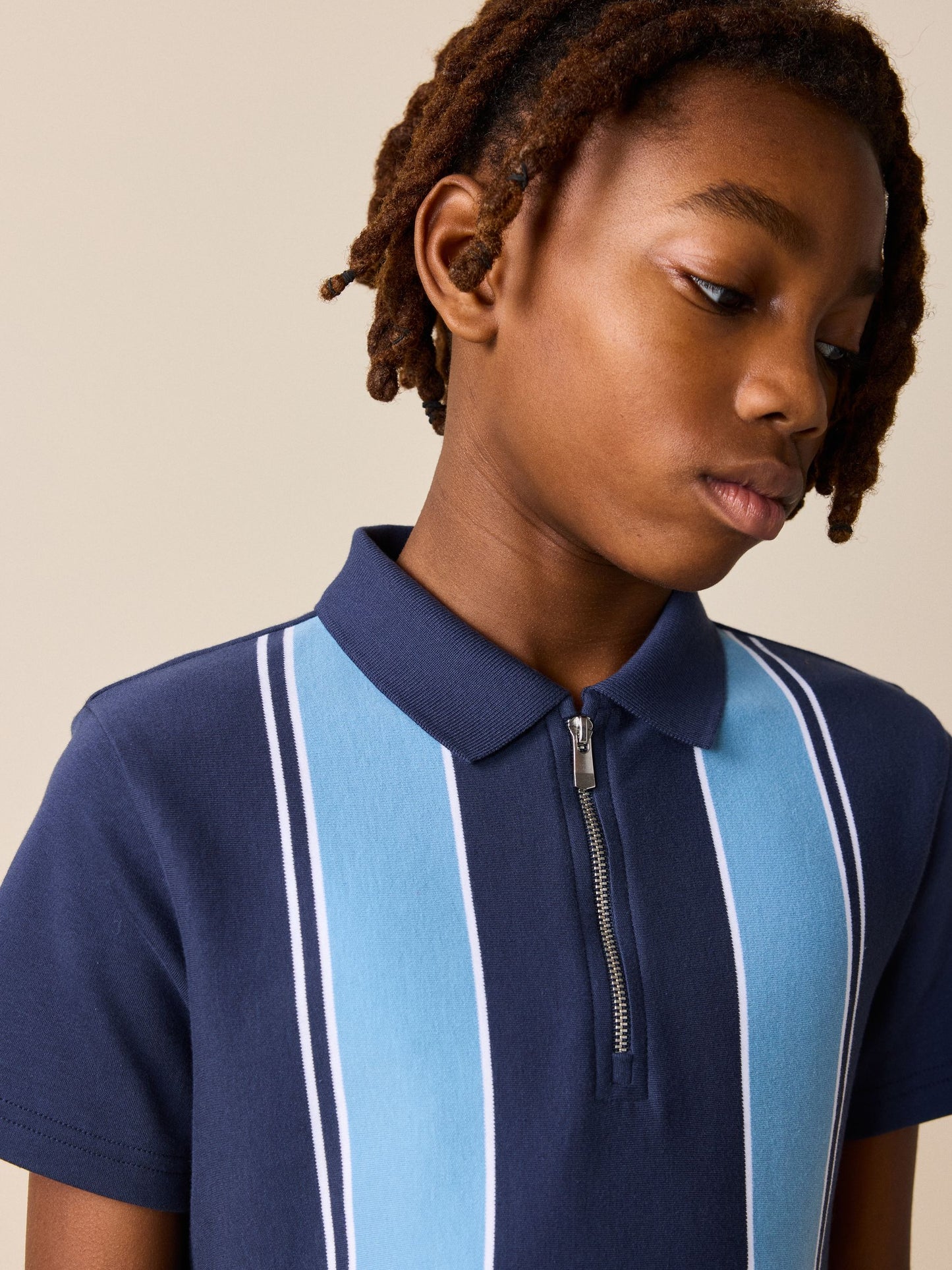 Dsiney Kidz - Navy Blue Vertical Stripe Zip Neck Polo Shirt (3-16yrs) image 4
