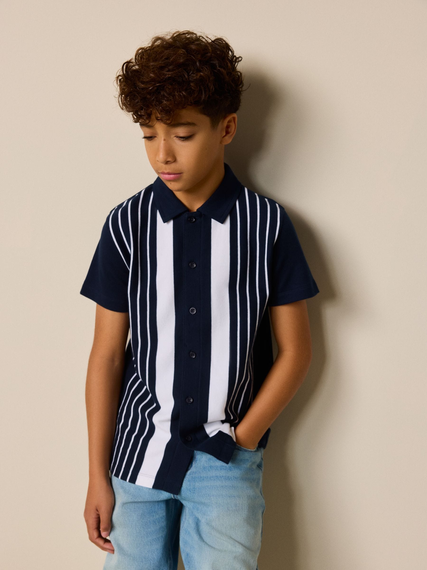 Dsiney Kidz - Navy/White Button Through Short Sleeve Jersey Shirt (3-16yrs) image 1