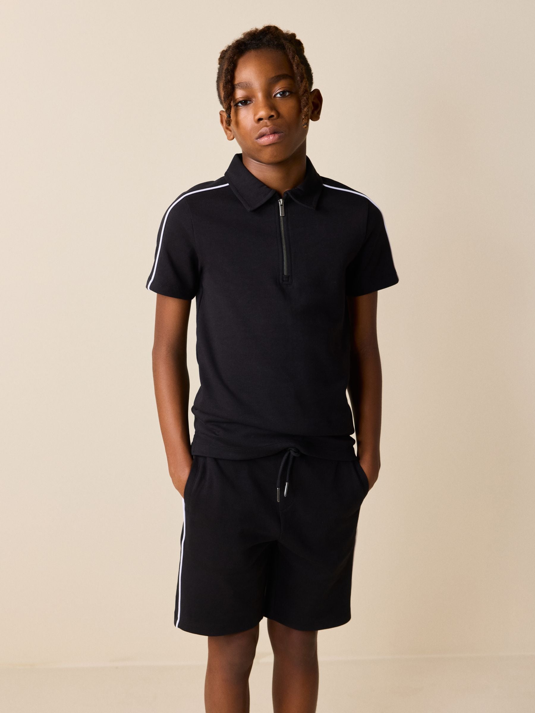 Dsiney Kidz - Black Zip Neck Polo Shirt and Shorts Set (3-16yrs) image 1