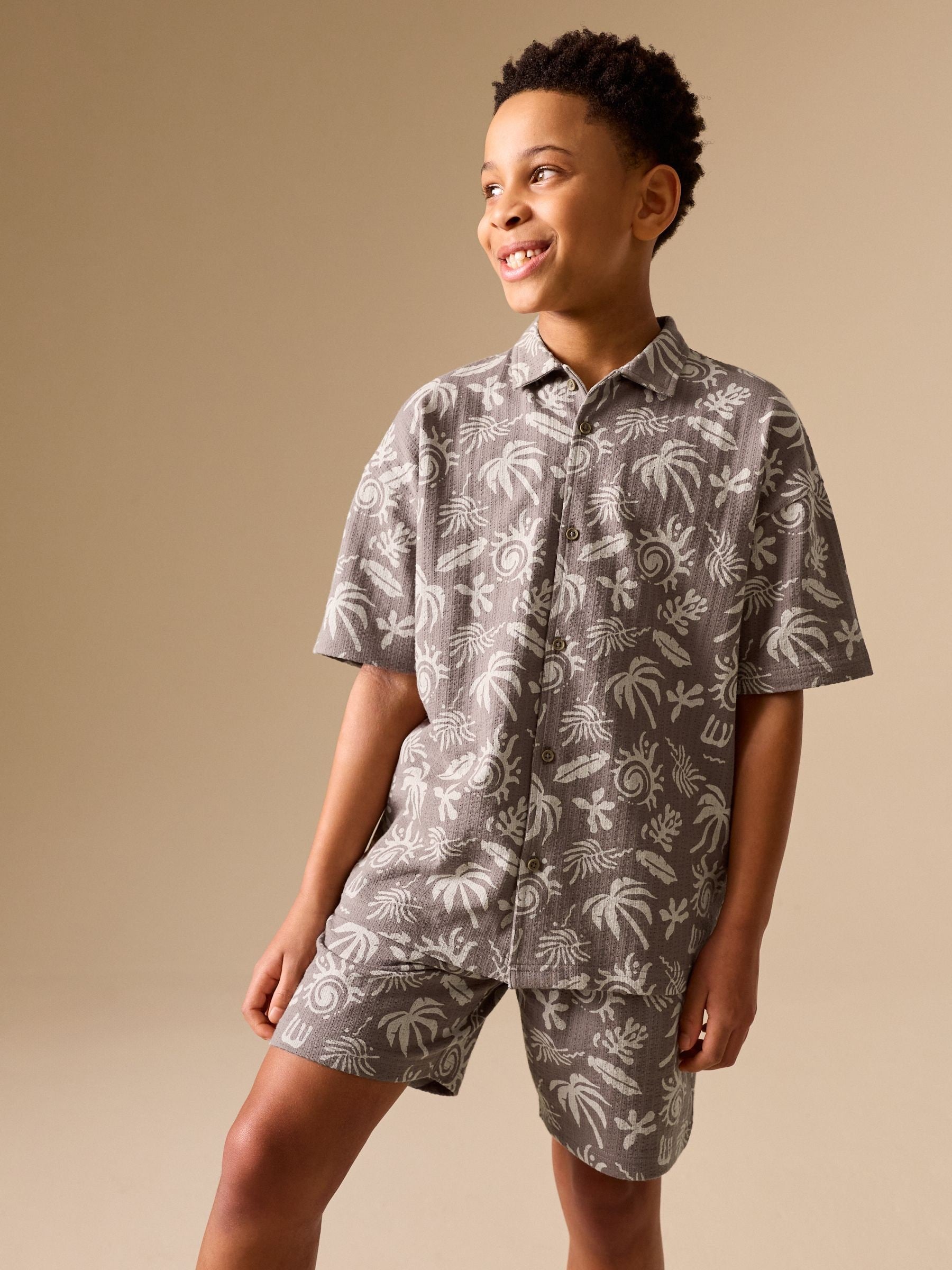 Dsiney Kidz - Brown/Ecru Printed Revere Button Through Shirt and Shorts Set (3-16yrs) image 1