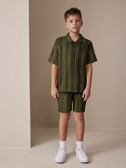 Dsiney Kidz - Khaki Green Stripe Revere Button Through Shirt and Shorts Set (3-16yrs) image 1