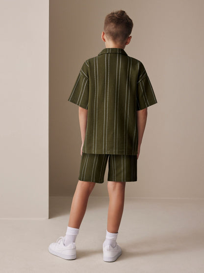 Dsiney Kidz - Khaki Green Stripe Revere Button Through Shirt and Shorts Set (3-16yrs) image 2