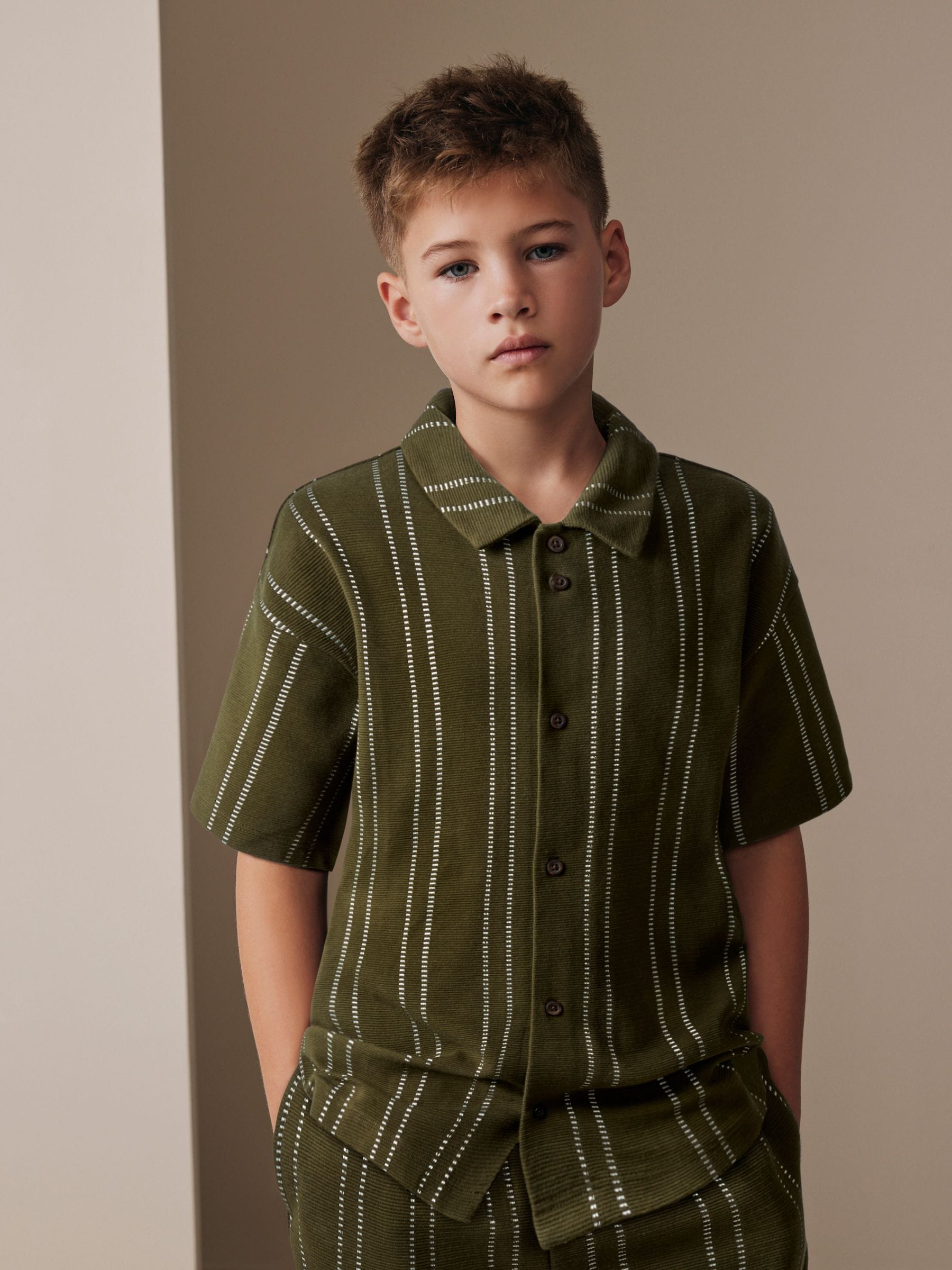 Dsiney Kidz - Khaki Green Stripe Revere Button Through Shirt and Shorts Set (3-16yrs) image 3