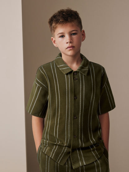 Dsiney Kidz - Khaki Green Stripe Revere Button Through Shirt and Shorts Set (3-16yrs) image 3