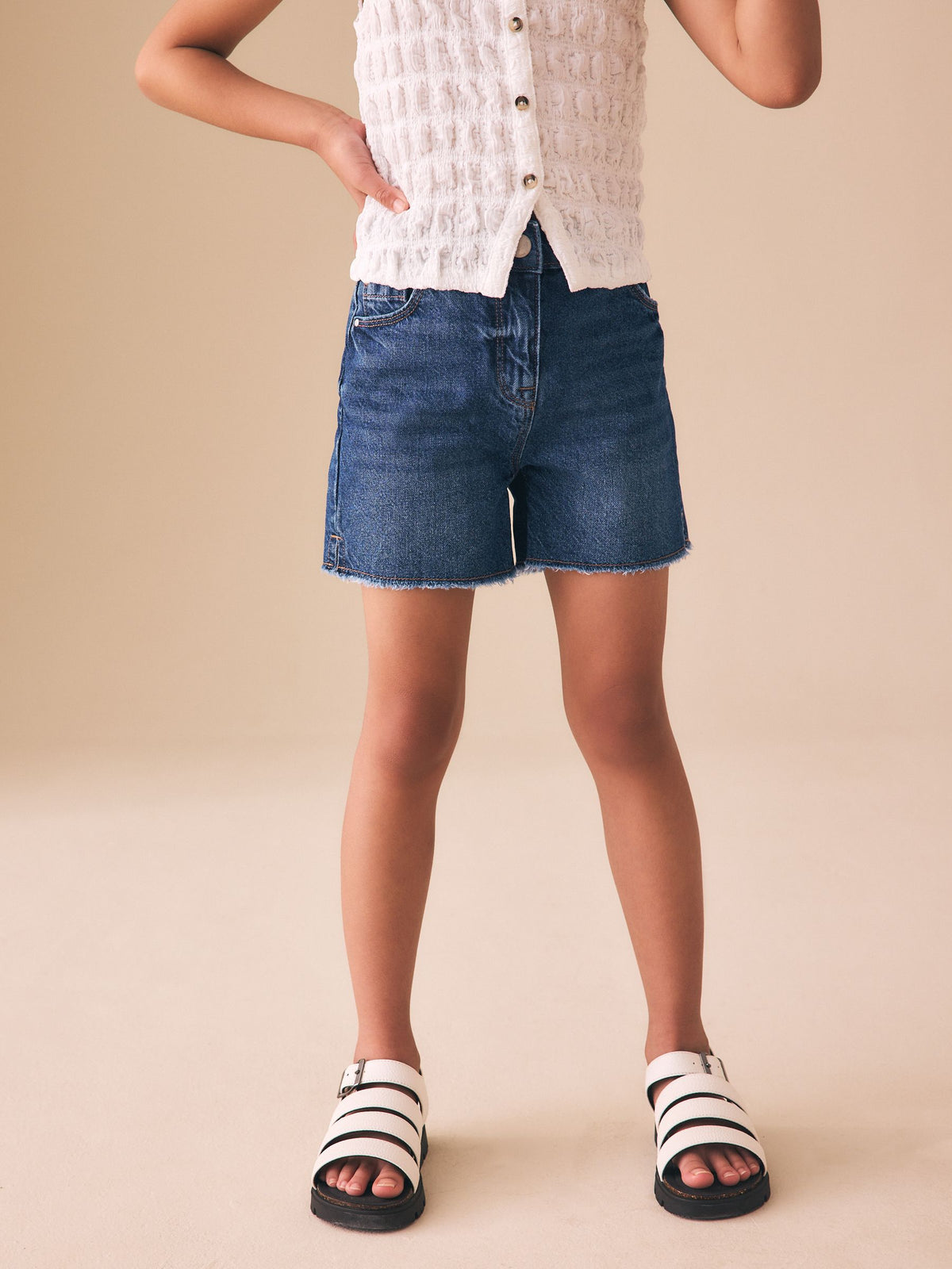 Dsiney Kidz - Dark Blue Denim Longer Length Frayed Edge Denim Shorts (3-16yrs) image 1