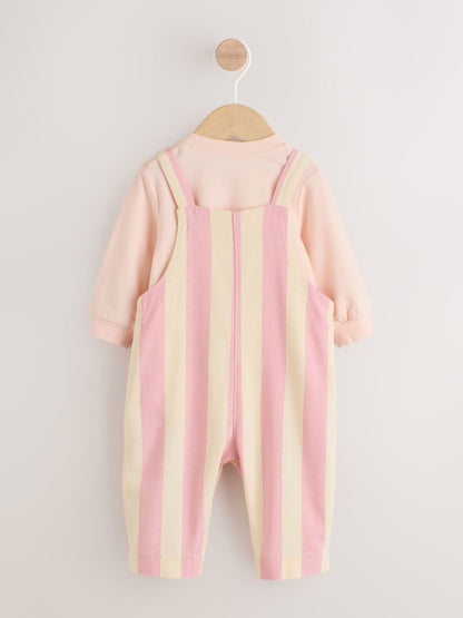 Cream/ Pink Stripe Baby Dungarees and Bodysuit Set 2 Piece (0mths-3yrs)