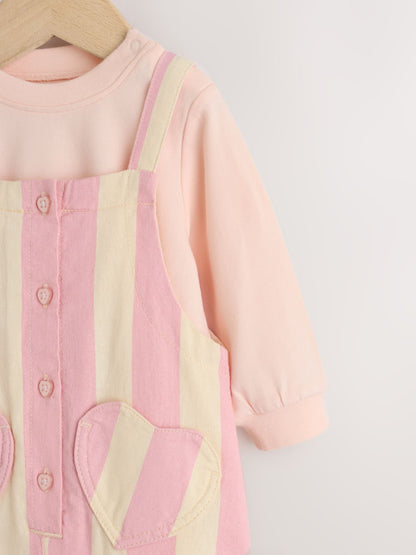 Cream/ Pink Stripe Baby Dungarees and Bodysuit Set 2 Piece (0mths-3yrs)