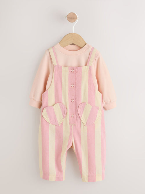 Cream/ Pink Stripe Baby Dungarees and Bodysuit Set 2 Piece (0mths-3yrs) image 1
