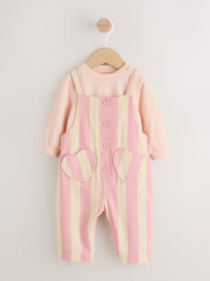 Cream/ Pink Stripe Baby Dungarees and Bodysuit Set 2 Piece (0mths-3yrs) image 1