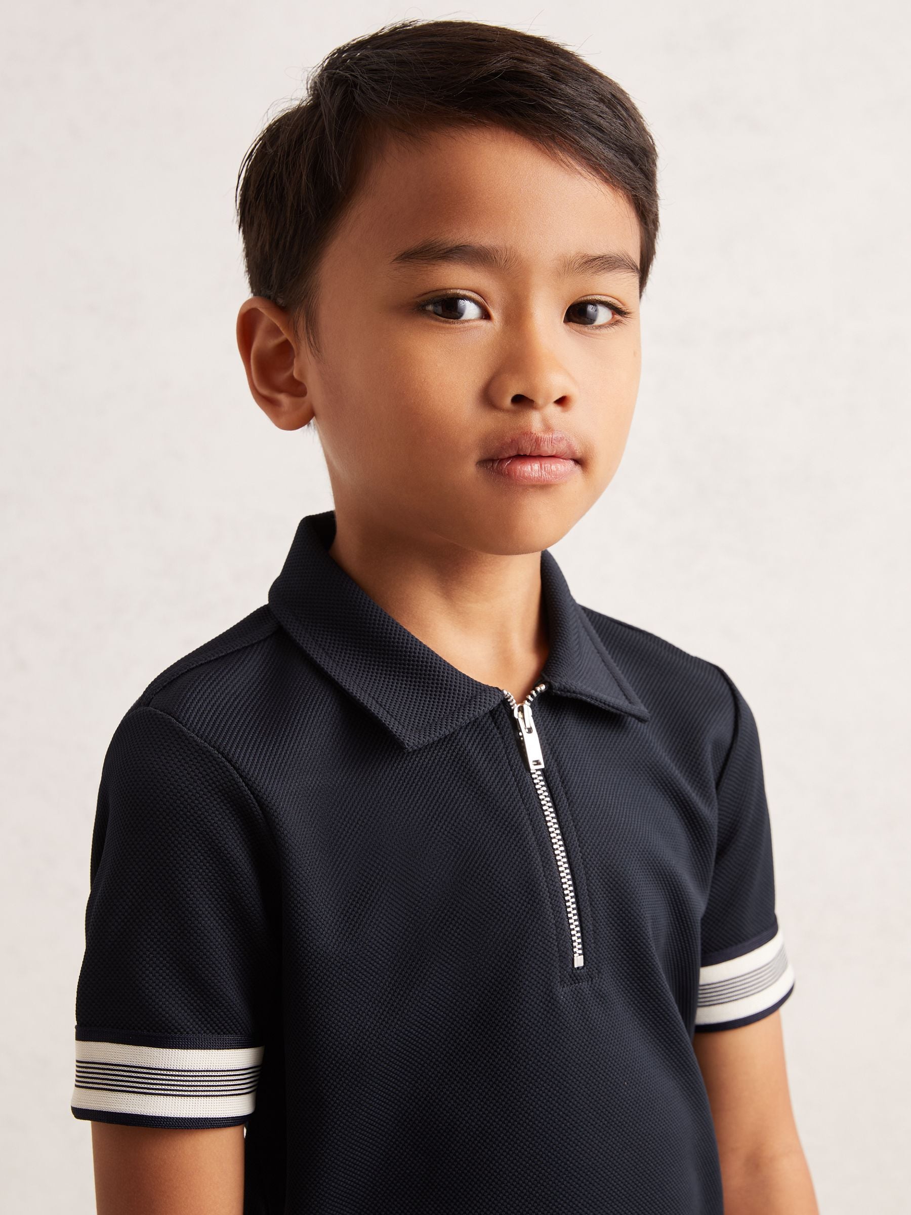 Dsiney Kidz - Reiss Navy Blue Wills 3-9 yrs Textured Half Zip Polo Shirt image 3