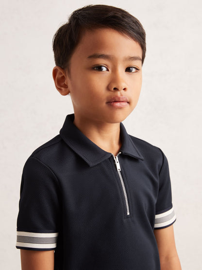Dsiney Kidz - Reiss Navy Blue Wills 3-9 yrs Textured Half Zip Polo Shirt image 3