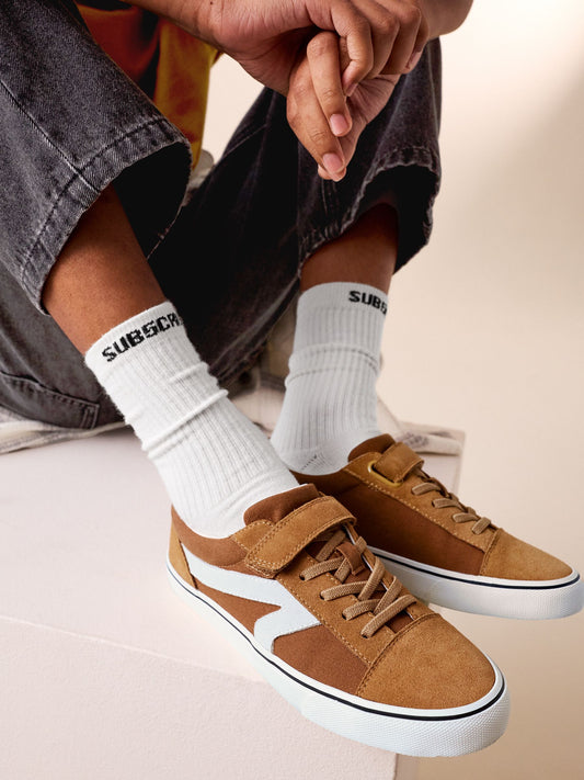 Tan Brown Touch Fastening Elastic Lace Trainers - image 1