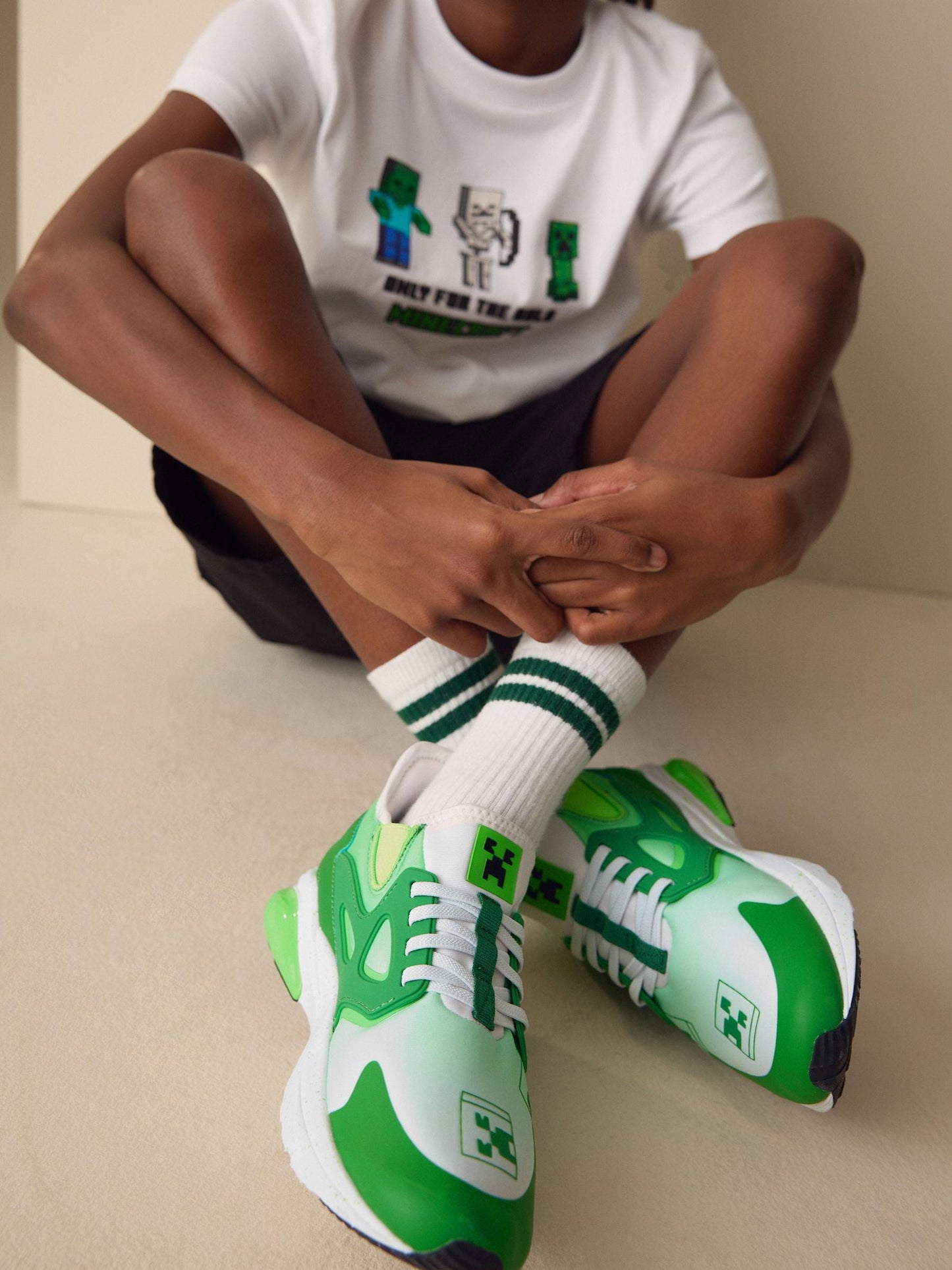Dsiney Kidz - Green/White Standard Fit (F) Minecraft Elastic Lace Trainers image 3