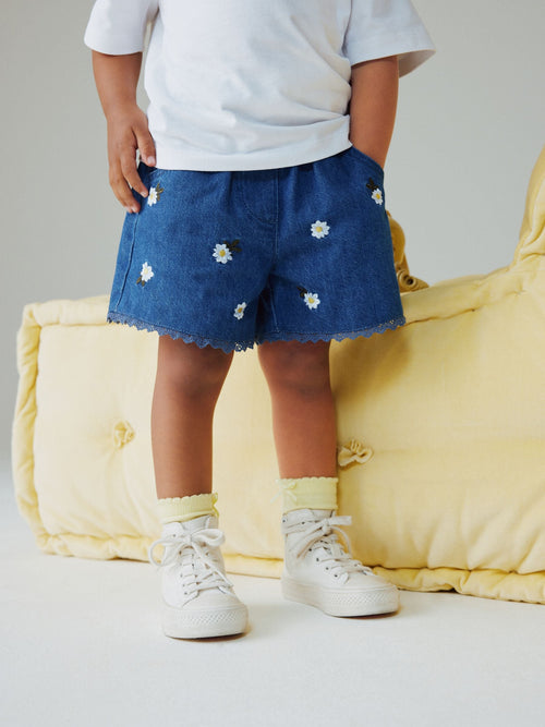 Mid Blue Daisy Embroidered Denim Shorts (3mths-7yrs) image 1