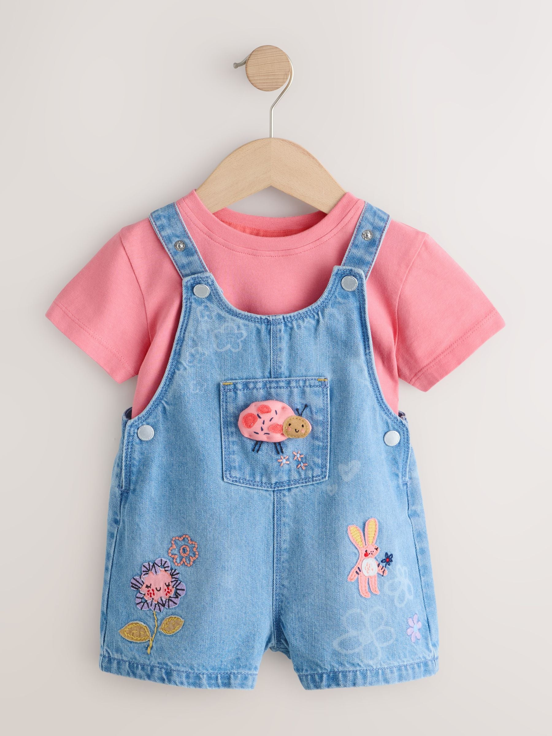 Dsiney Kidz - Light Blue Denim Ladybug Embroidered Dungaree and T-Shirt Set (3mths-7yrs) image 4