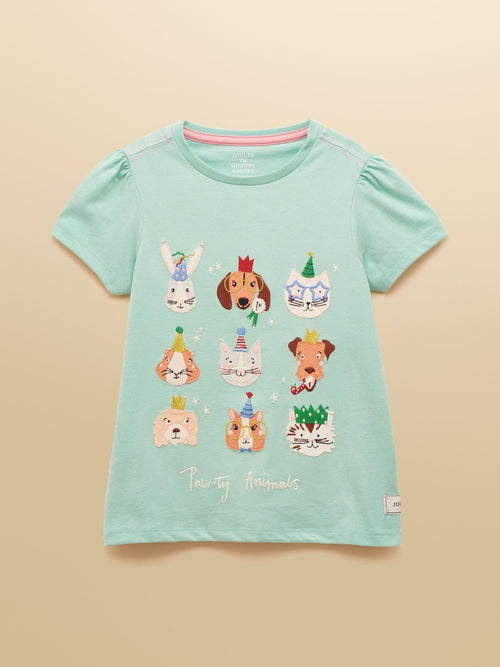 Joules Girls' Astra Aqua Blue Applique Cotton T-Shirt image 1