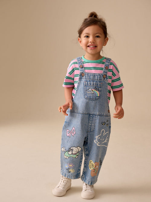 Mid Blue Cat Printed Denim Dungarees (3mths-7yrs) image 1