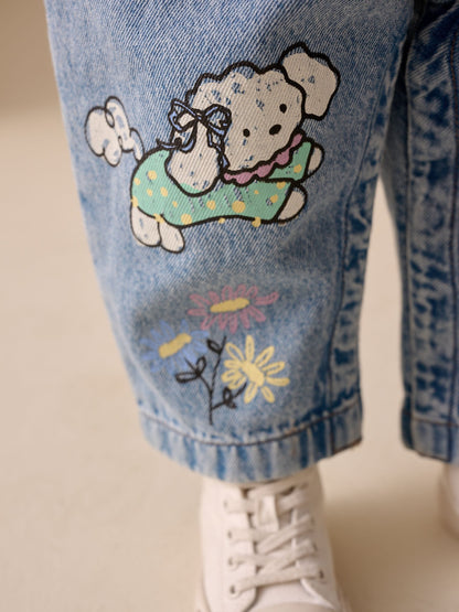 Mid Blue Cat Printed Denim Dungarees (3mths-7yrs) image 3