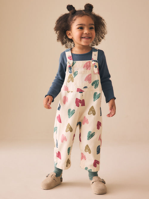 Ecru Heart Print Dungarees and T-Shirt Set (3mths-7yrs) image 1