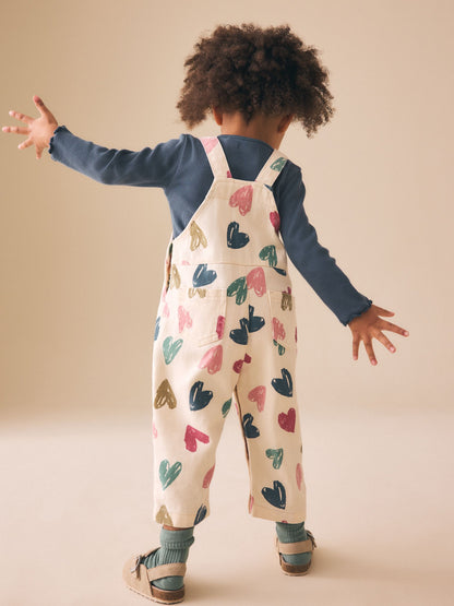 Ecru Heart Print Dungarees and T-Shirt Set (3mths-7yrs) image 3