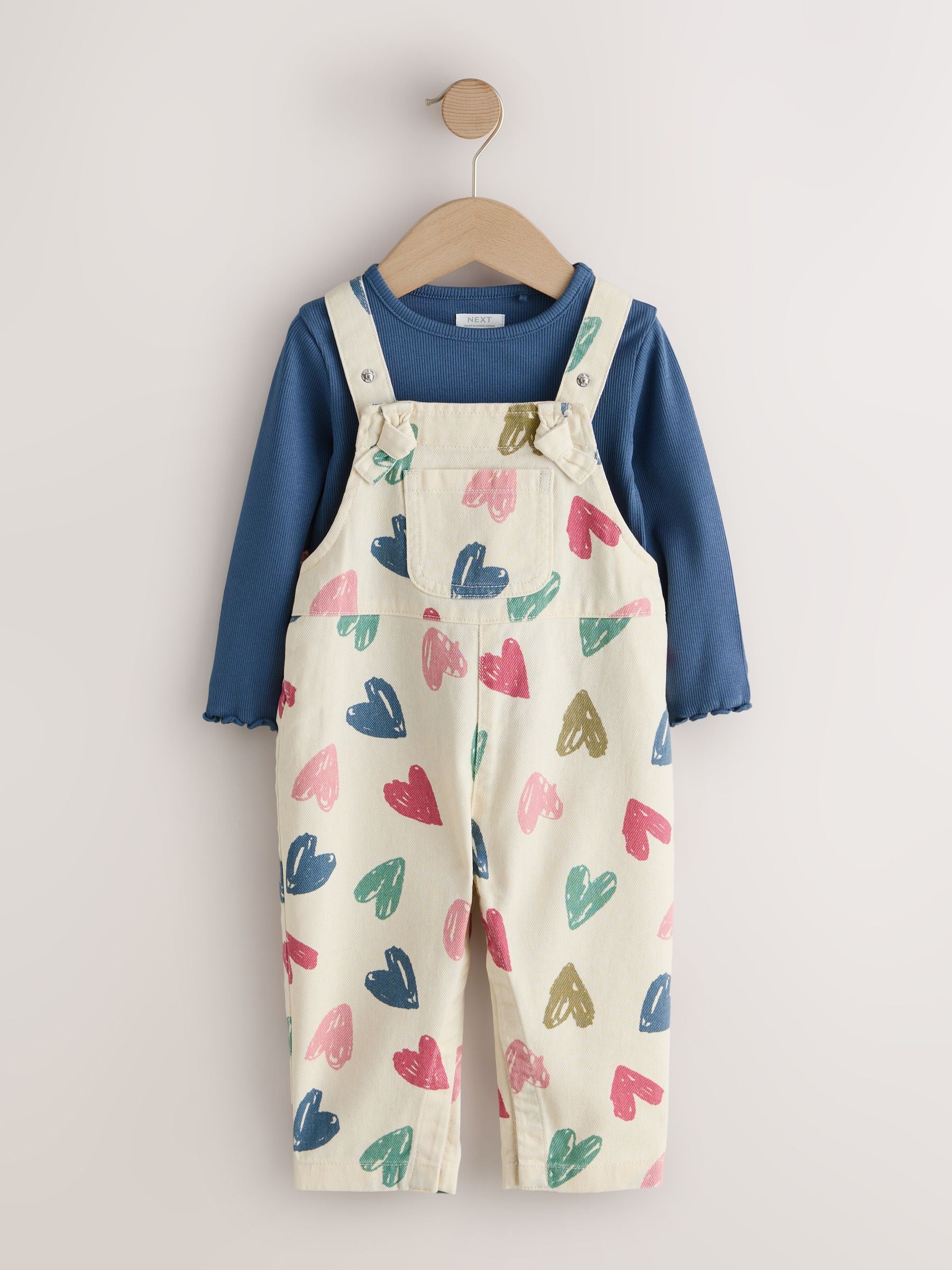Ecru Heart Print Dungarees and T-Shirt Set (3mths-7yrs) image 6